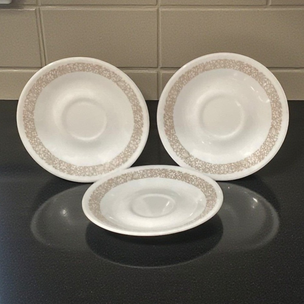 Corelle Corning Woodland Brown Trim Saucers, Set of 3, Vtg Dinnerware, Tableware
